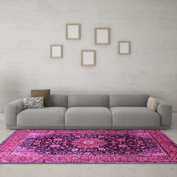 Machine Washable Medallion Pink Traditional Rug in a Living Room, wshtr250pnk