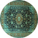 Round Machine Washable Medallion Turquoise Traditional Area Rugs, wshtr250turq