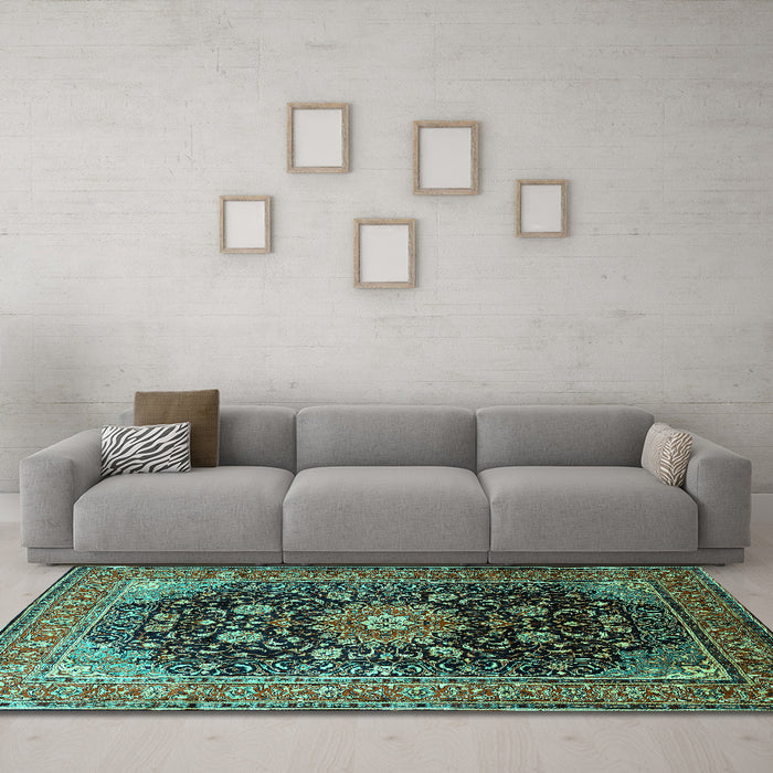 Machine Washable Medallion Turquoise Traditional Area Rugs in a Living Room,, wshtr250turq