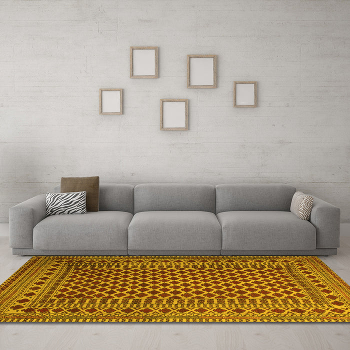 Machine Washable Southwestern Yellow Country Rug in a Living Room, wshtr2514yw