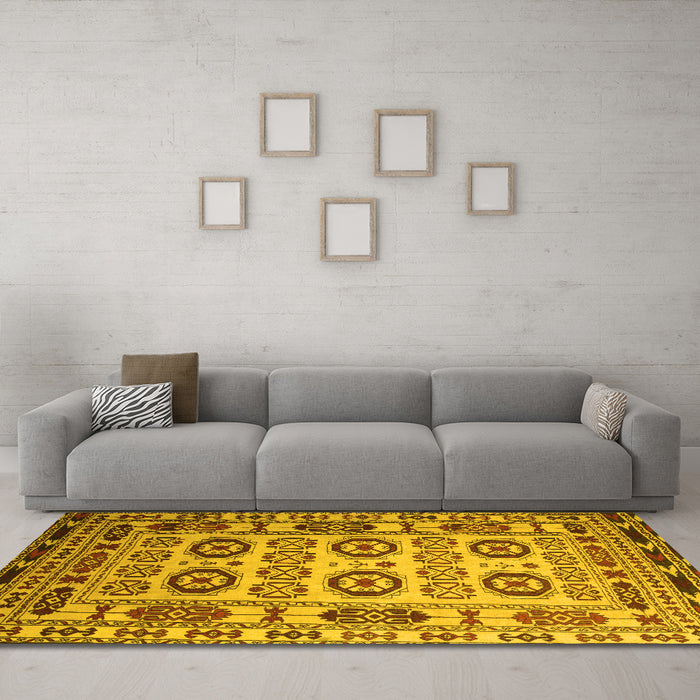 Machine Washable Southwestern Yellow Country Rug in a Living Room, wshtr2517yw