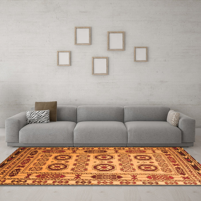 Machine Washable Southwestern Orange Country Area Rugs in a Living Room, wshtr2517org