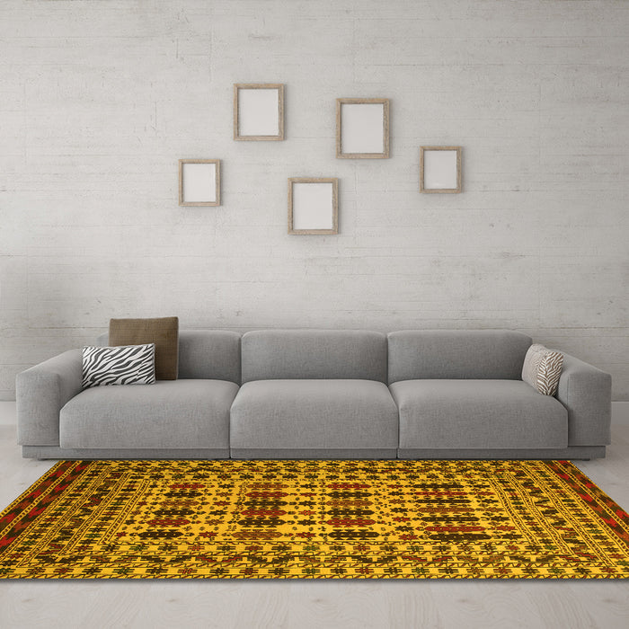 Machine Washable Southwestern Yellow Country Rug in a Living Room, wshtr2519yw