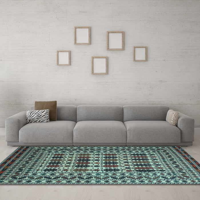 Machine Washable Southwestern Light Blue Country Rug in a Living Room, wshtr2519lblu