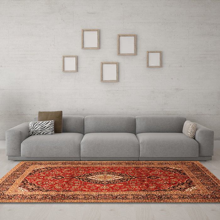 Machine Washable Medallion Orange Traditional Area Rugs in a Living Room, wshtr251org