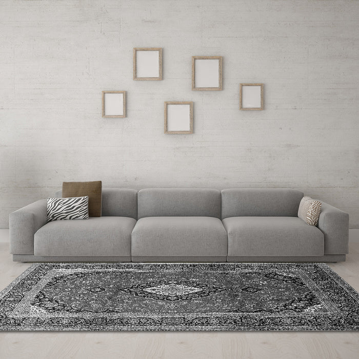 Machine Washable Medallion Gray Traditional Rug in a Living Room,, wshtr251gry