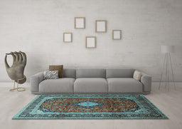 Machine Washable Medallion Light Blue Traditional Rug in a Living Room, wshtr251lblu