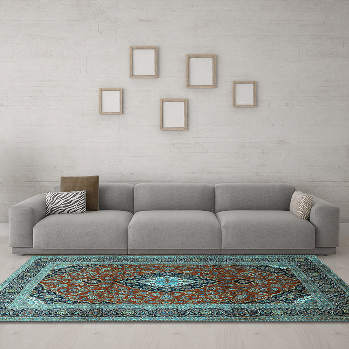 Machine Washable Medallion Light Blue Traditional Rug in a Living Room, wshtr251lblu