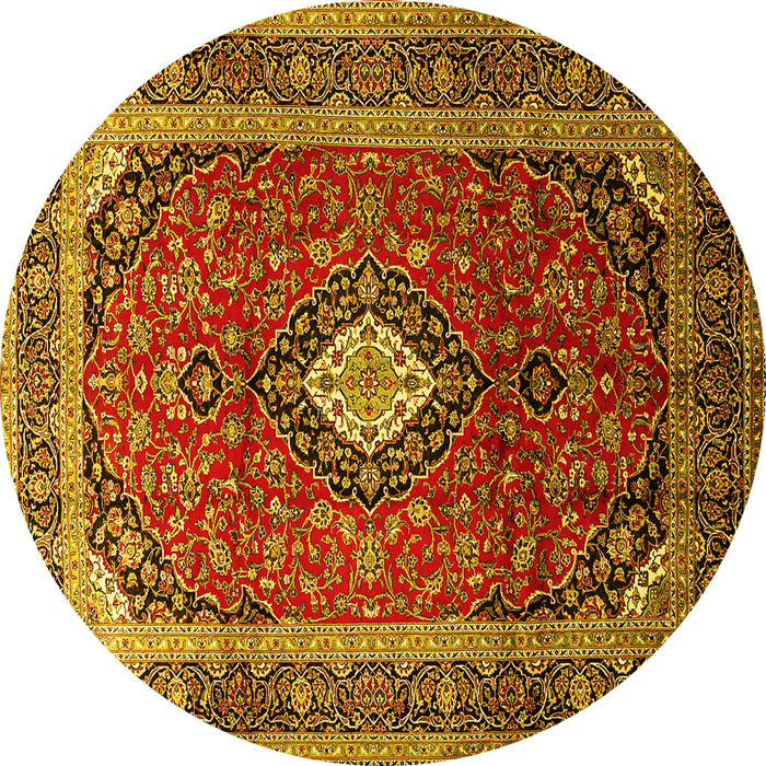 Round Machine Washable Medallion Yellow Traditional Rug, wshtr251yw