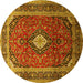 Round Machine Washable Medallion Yellow Traditional Rug, wshtr251yw