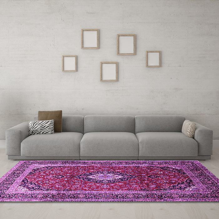 Machine Washable Medallion Purple Traditional Area Rugs in a Living Room, wshtr251pur