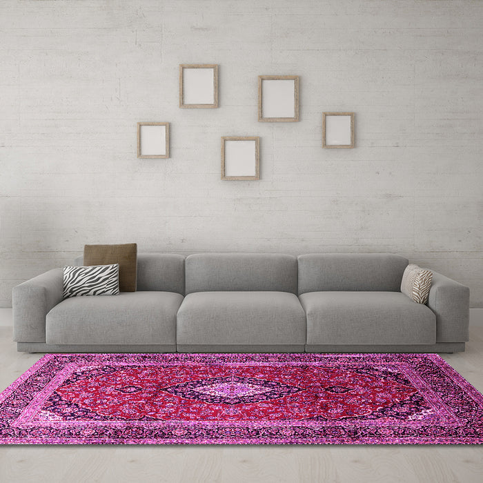 Machine Washable Medallion Pink Traditional Rug in a Living Room, wshtr251pnk