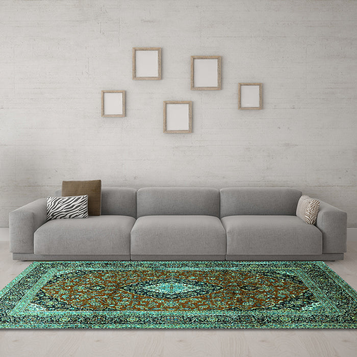 Machine Washable Medallion Turquoise Traditional Area Rugs in a Living Room,, wshtr251turq