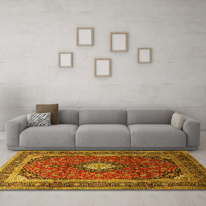 Machine Washable Medallion Yellow Traditional Rug in a Living Room, wshtr251yw