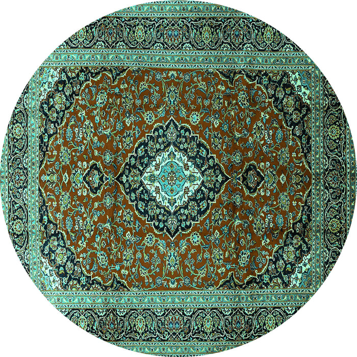 Round Machine Washable Medallion Turquoise Traditional Area Rugs, wshtr251turq