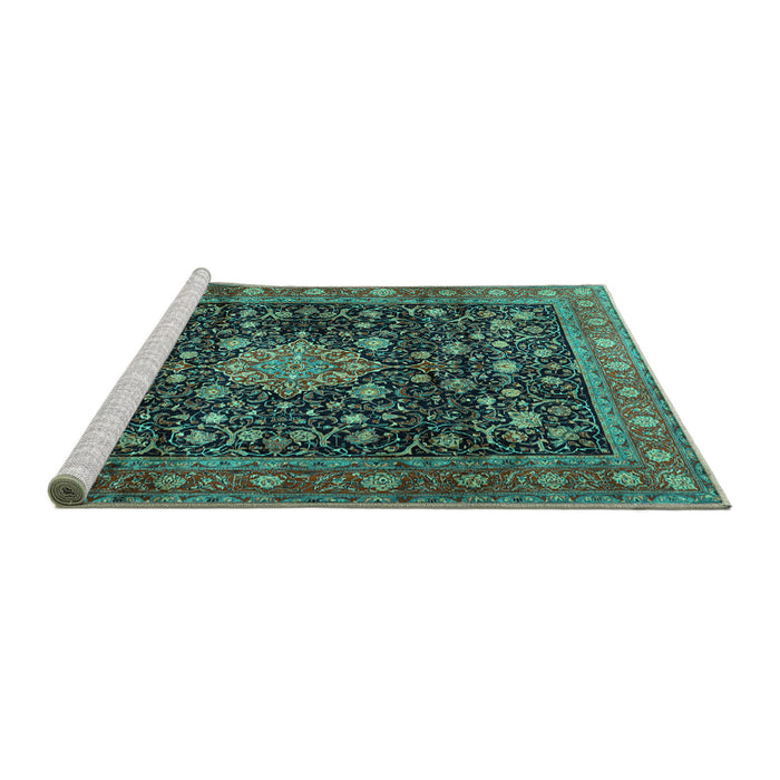 Sideview of Machine Washable Medallion Turquoise Traditional Area Rugs, wshtr2522turq