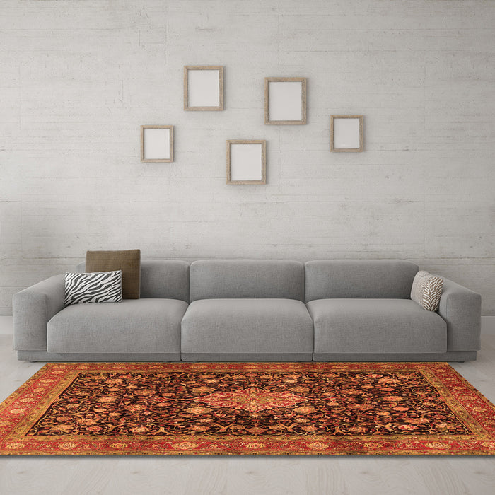 Machine Washable Medallion Orange Traditional Area Rugs in a Living Room, wshtr2522org