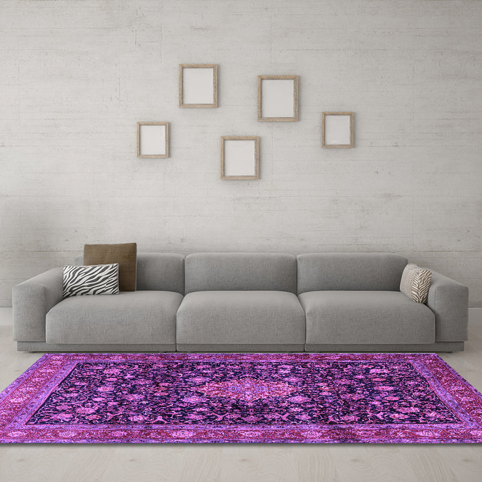 Machine Washable Medallion Purple Traditional Area Rugs in a Living Room, wshtr2522pur