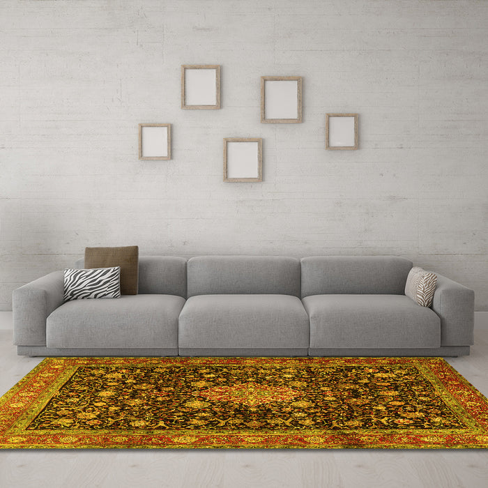 Machine Washable Medallion Yellow Traditional Rug in a Living Room, wshtr2522yw