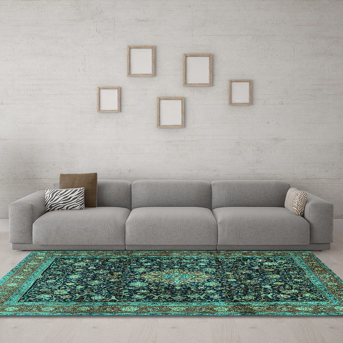 Machine Washable Medallion Turquoise Traditional Area Rugs in a Living Room,, wshtr2522turq