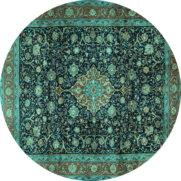 Round Machine Washable Medallion Turquoise Traditional Area Rugs, wshtr2522turq