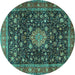 Round Machine Washable Medallion Turquoise Traditional Area Rugs, wshtr2522turq