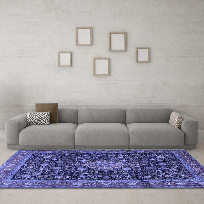 Machine Washable Medallion Blue Traditional Rug in a Living Room, wshtr2522blu