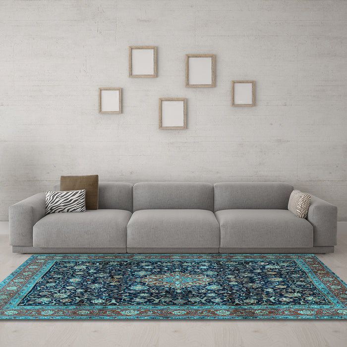 Machine Washable Medallion Light Blue Traditional Rug in a Living Room, wshtr2522lblu