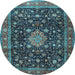 Round Machine Washable Medallion Light Blue Traditional Rug, wshtr2522lblu