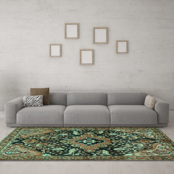 Machine Washable Persian Turquoise Traditional Area Rugs in a Living Room,, wshtr2524turq