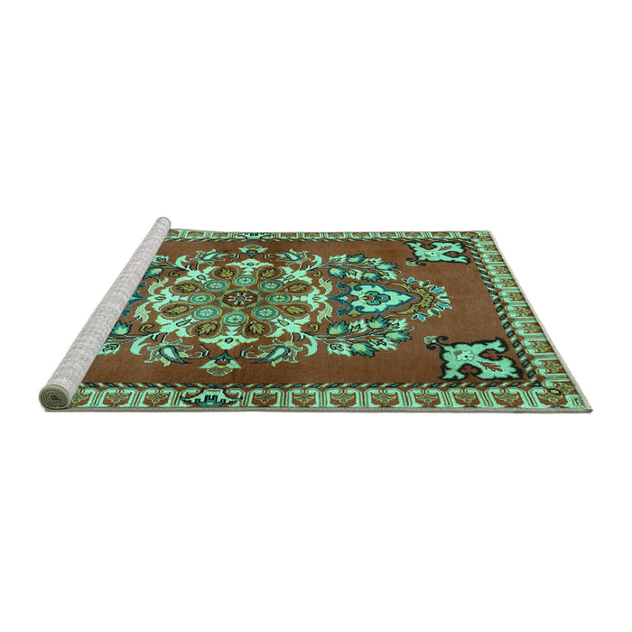 Sideview of Machine Washable Persian Turquoise Traditional Area Rugs, wshtr2525turq