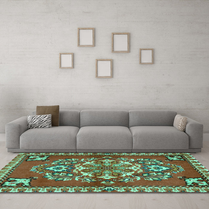 Machine Washable Persian Turquoise Traditional Area Rugs in a Living Room,, wshtr2525turq
