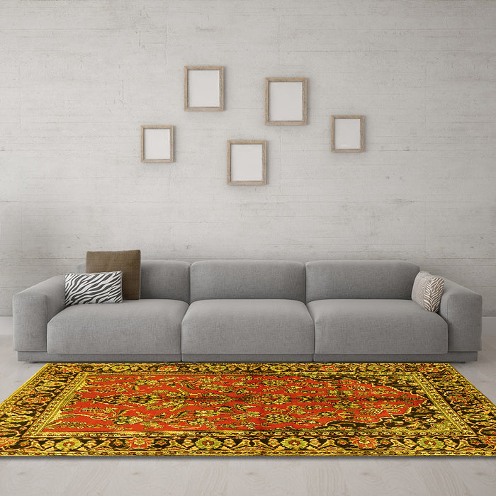 Machine Washable Persian Yellow Traditional Rug in a Living Room, wshtr2527yw