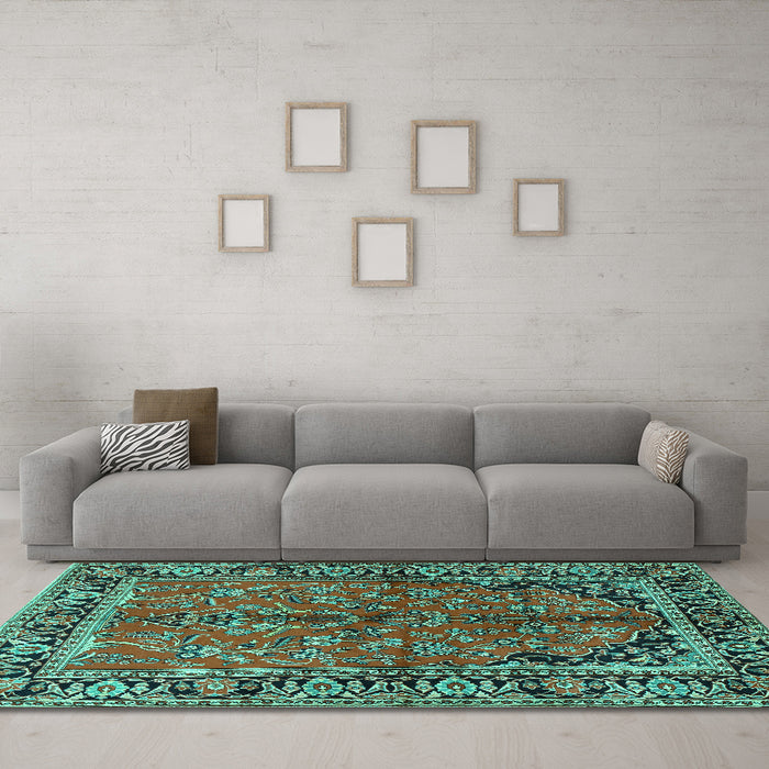 Machine Washable Persian Turquoise Traditional Area Rugs in a Living Room,, wshtr2527turq
