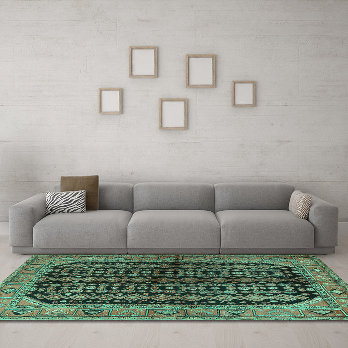Machine Washable Persian Turquoise Traditional Area Rugs in a Living Room,, wshtr2528turq