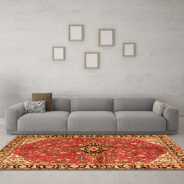 Machine Washable Medallion Orange Traditional Area Rugs in a Living Room, wshtr2529org