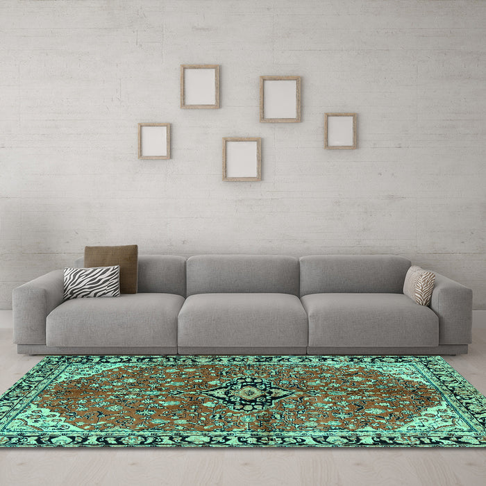 Machine Washable Medallion Turquoise Traditional Area Rugs in a Living Room,, wshtr2529turq