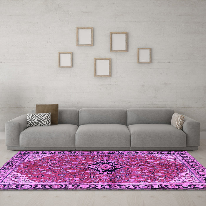 Machine Washable Medallion Purple Traditional Area Rugs in a Living Room, wshtr2529pur