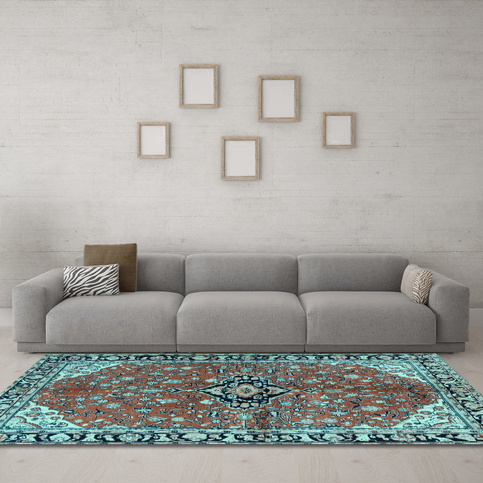 Machine Washable Medallion Light Blue Traditional Rug in a Living Room, wshtr2529lblu