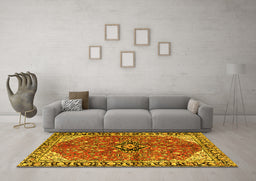 Machine Washable Medallion Yellow Traditional Rug in a Living Room, wshtr2529yw