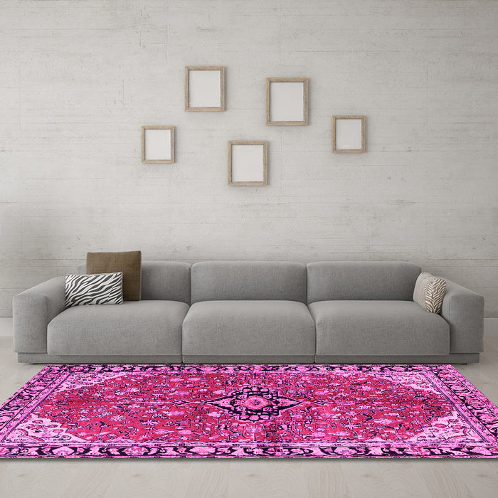 Machine Washable Medallion Pink Traditional Rug in a Living Room, wshtr2529pnk