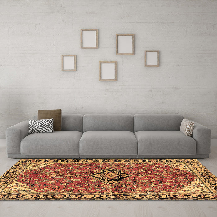 Machine Washable Medallion Brown Traditional Rug in a Living Room,, wshtr2529brn