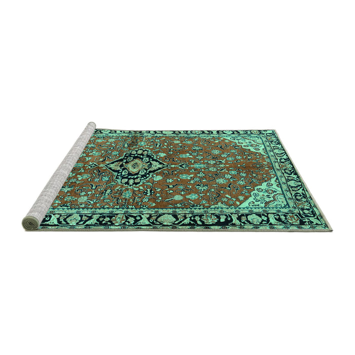 Sideview of Machine Washable Medallion Turquoise Traditional Area Rugs, wshtr2529turq