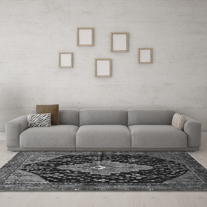 Machine Washable Medallion Gray Traditional Rug in a Living Room,, wshtr252gry