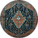 Round Machine Washable Medallion Light Blue Traditional Rug, wshtr252lblu