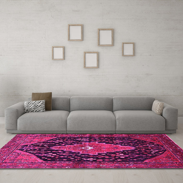 Machine Washable Medallion Pink Traditional Rug in a Living Room, wshtr252pnk