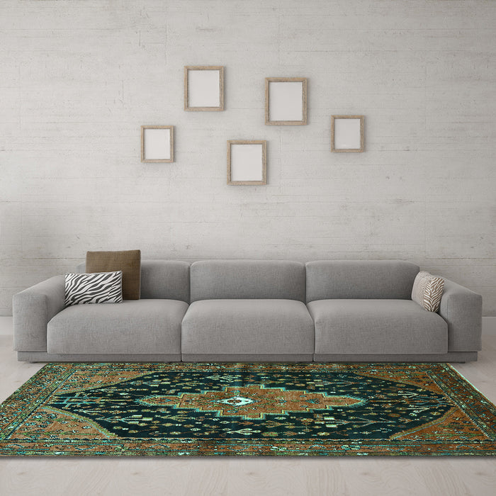 Machine Washable Medallion Turquoise Traditional Area Rugs in a Living Room,, wshtr252turq