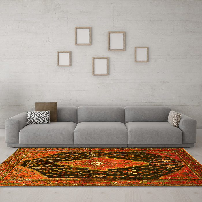 Machine Washable Medallion Yellow Traditional Rug in a Living Room, wshtr252yw