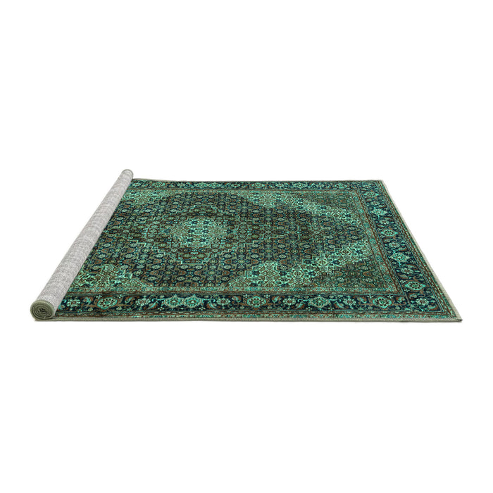 Sideview of Machine Washable Persian Turquoise Traditional Area Rugs, wshtr2531turq