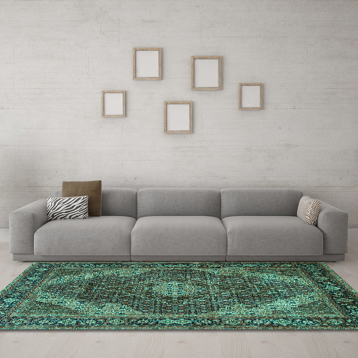 Machine Washable Persian Turquoise Traditional Area Rugs in a Living Room,, wshtr2531turq